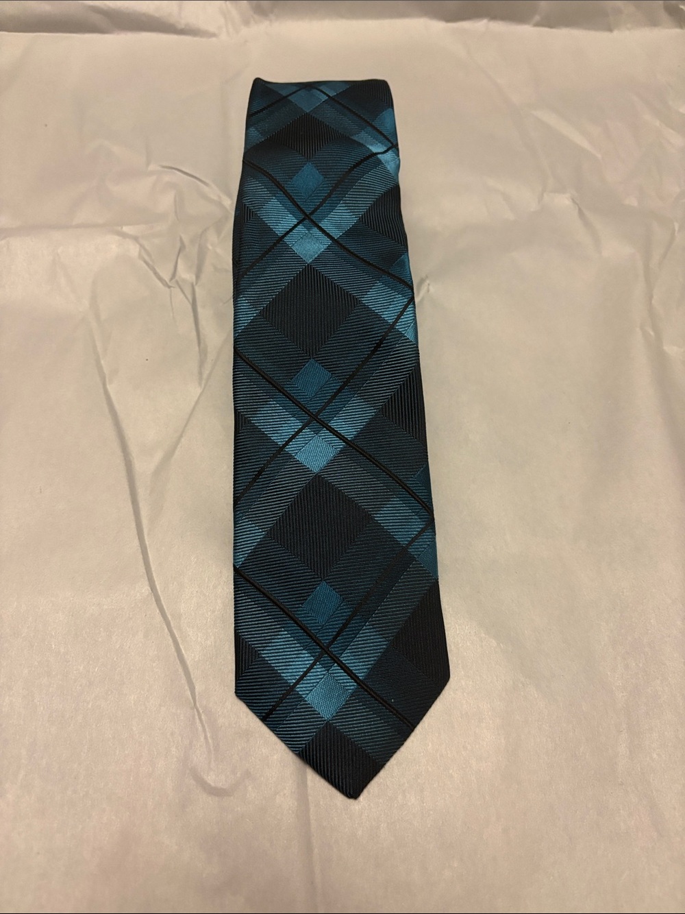 Express Men's Teal and Black Plaid Tie Classic Windowpane Style